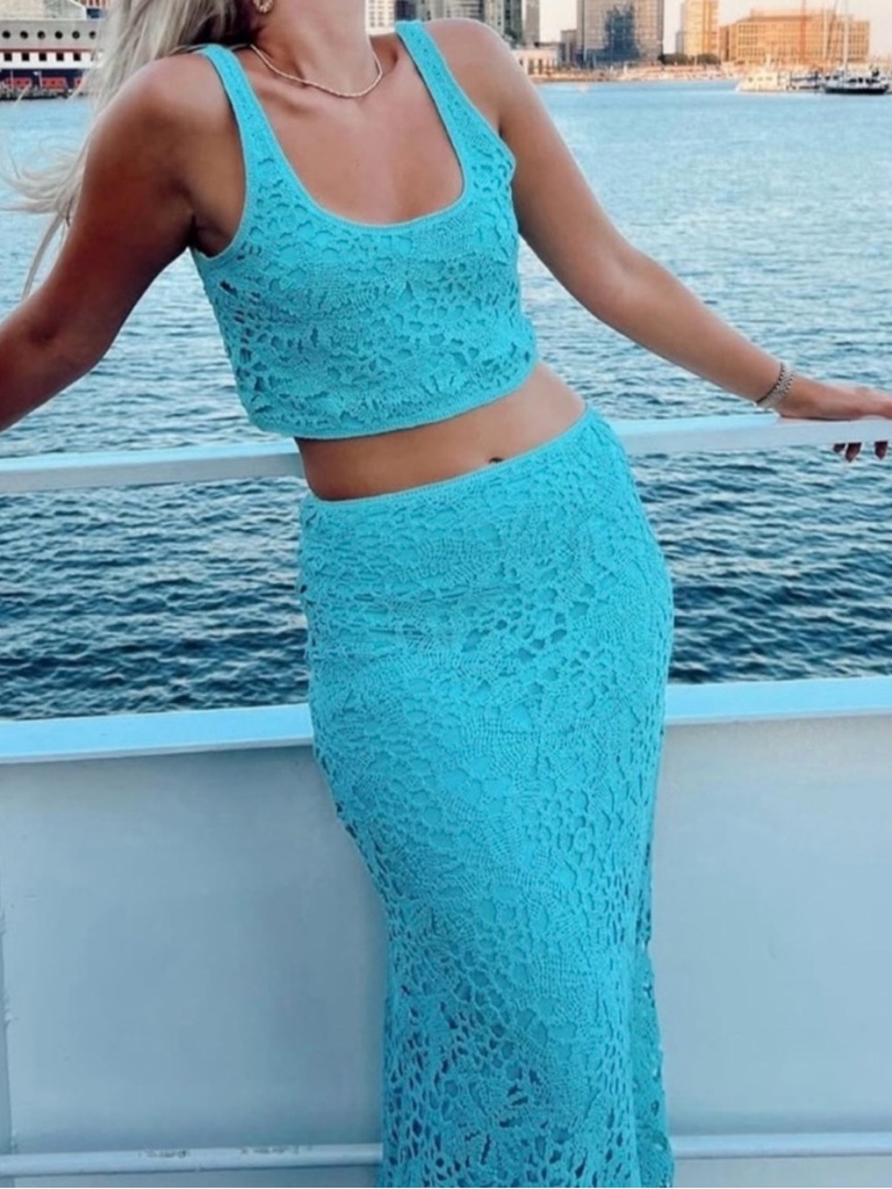 House of Harlow 1960 Aqua Crochet Midi Dress - Picture 2 of 6